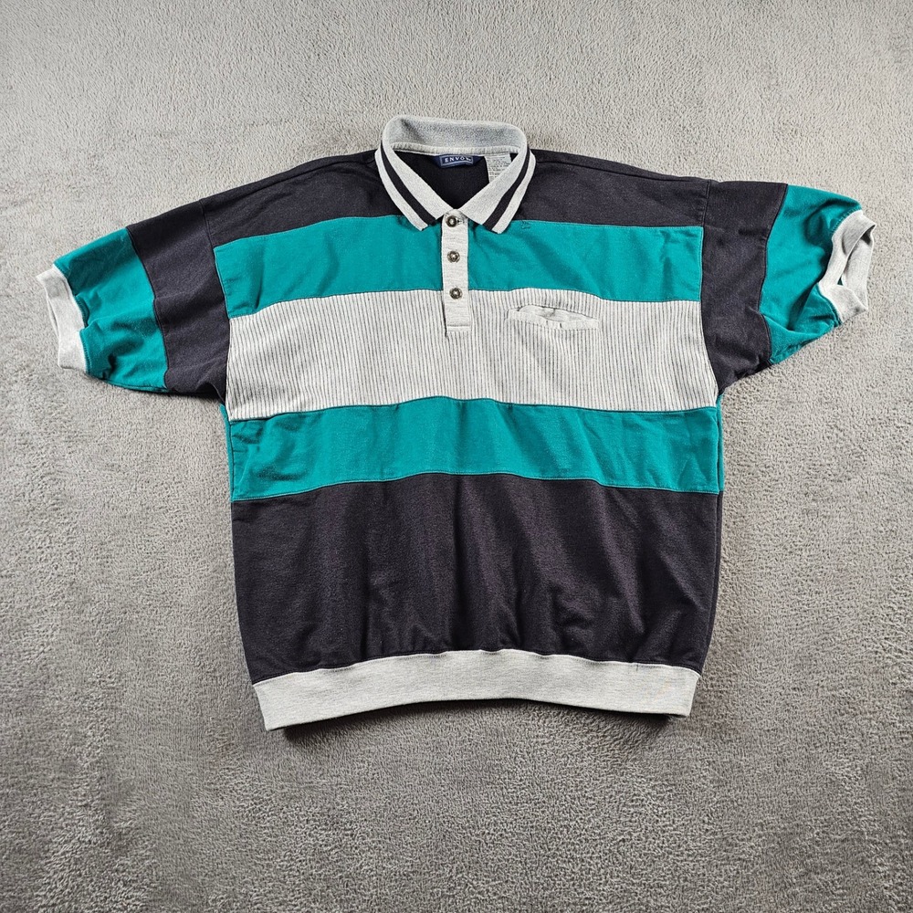Vintage Envoy Mens XL Colorblock Striped Polo‎ Shirt Teal Black Grey 90s Retro